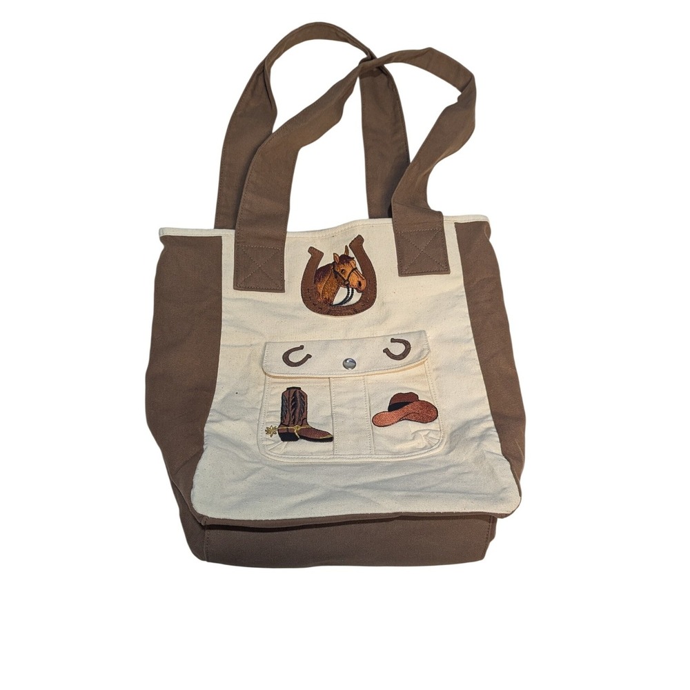 Bella Horse Embroidery‎ Canvas Tote Bag Womens Medium Brown Cream Western